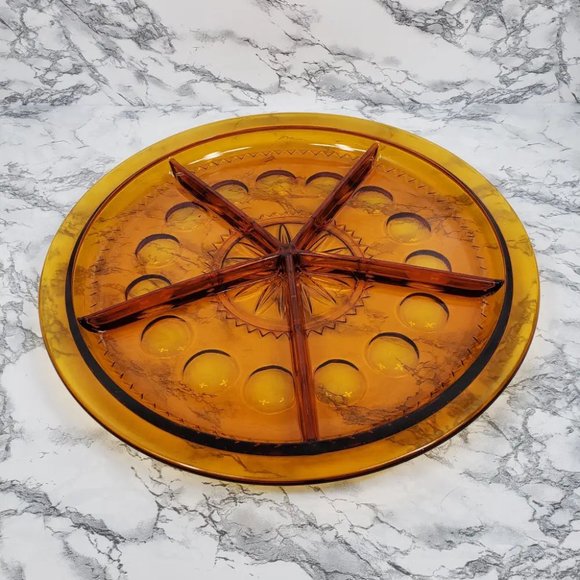 Rare 14" Indiana Amber Kings Crown Thumbprint Serving Tray Vintage - Picture 5 of 6